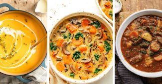 12 cozy fall soup recipes collage featuring butternut squash soup, wild rice soup, and beef stew