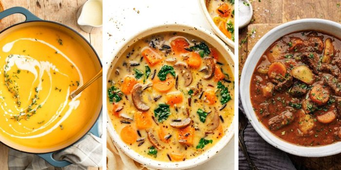 12 cozy fall soup recipes collage featuring butternut squash soup, wild rice soup, and beef stew