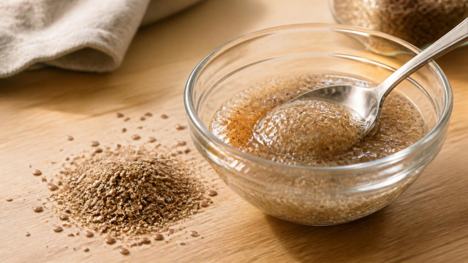 A flax egg: ground flaxseed mixed with water into a thick gel in a small glass bowl