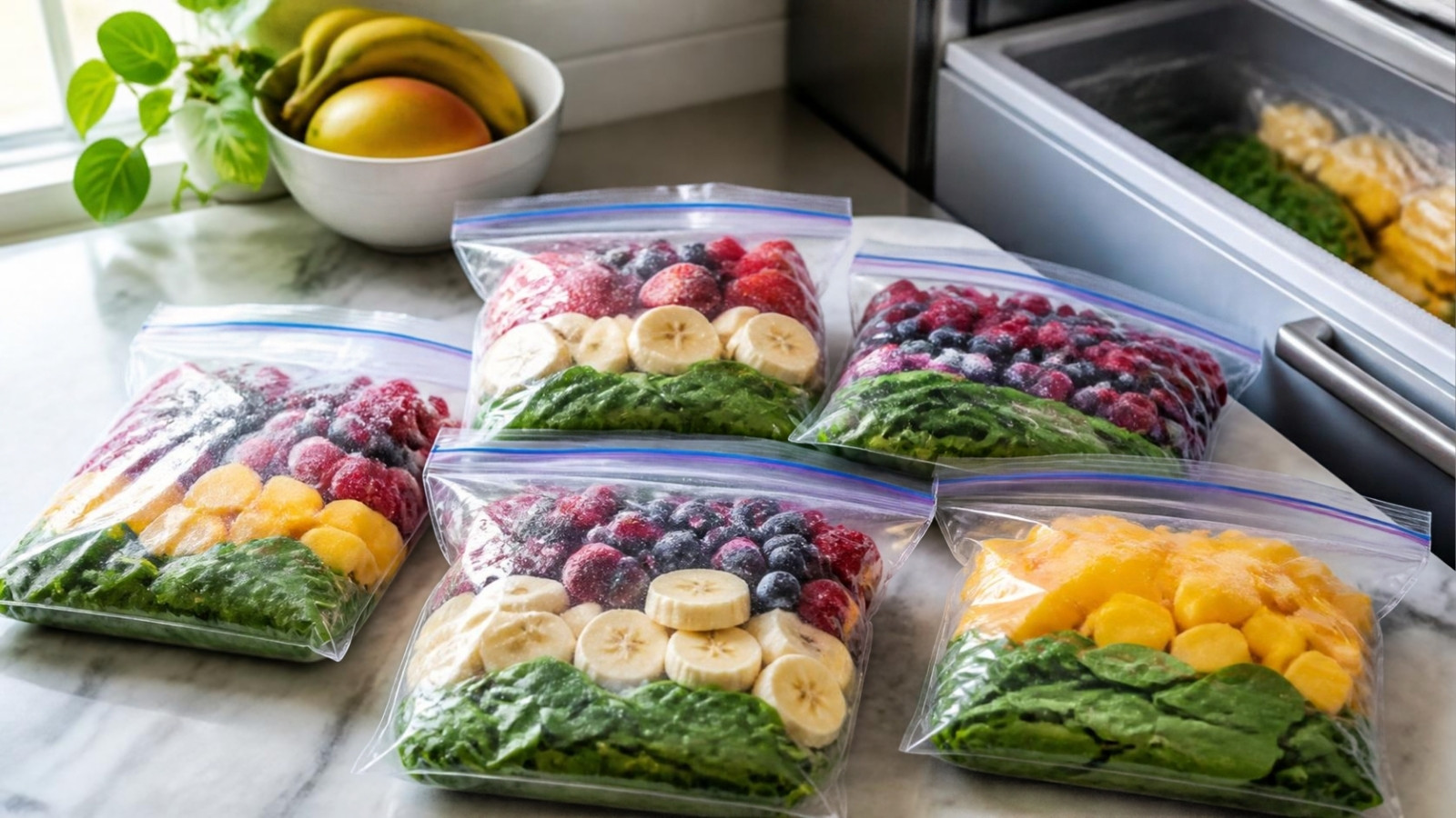 Freezer bags filled with portioned smoothie ingredients, frozen berries, banana, mango and spinach, next to an open freezer drawer