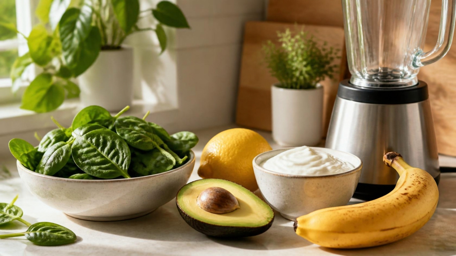 Spinach, avocado, lemon, Greek yogurt and a banana beside a blender on a sunny counter