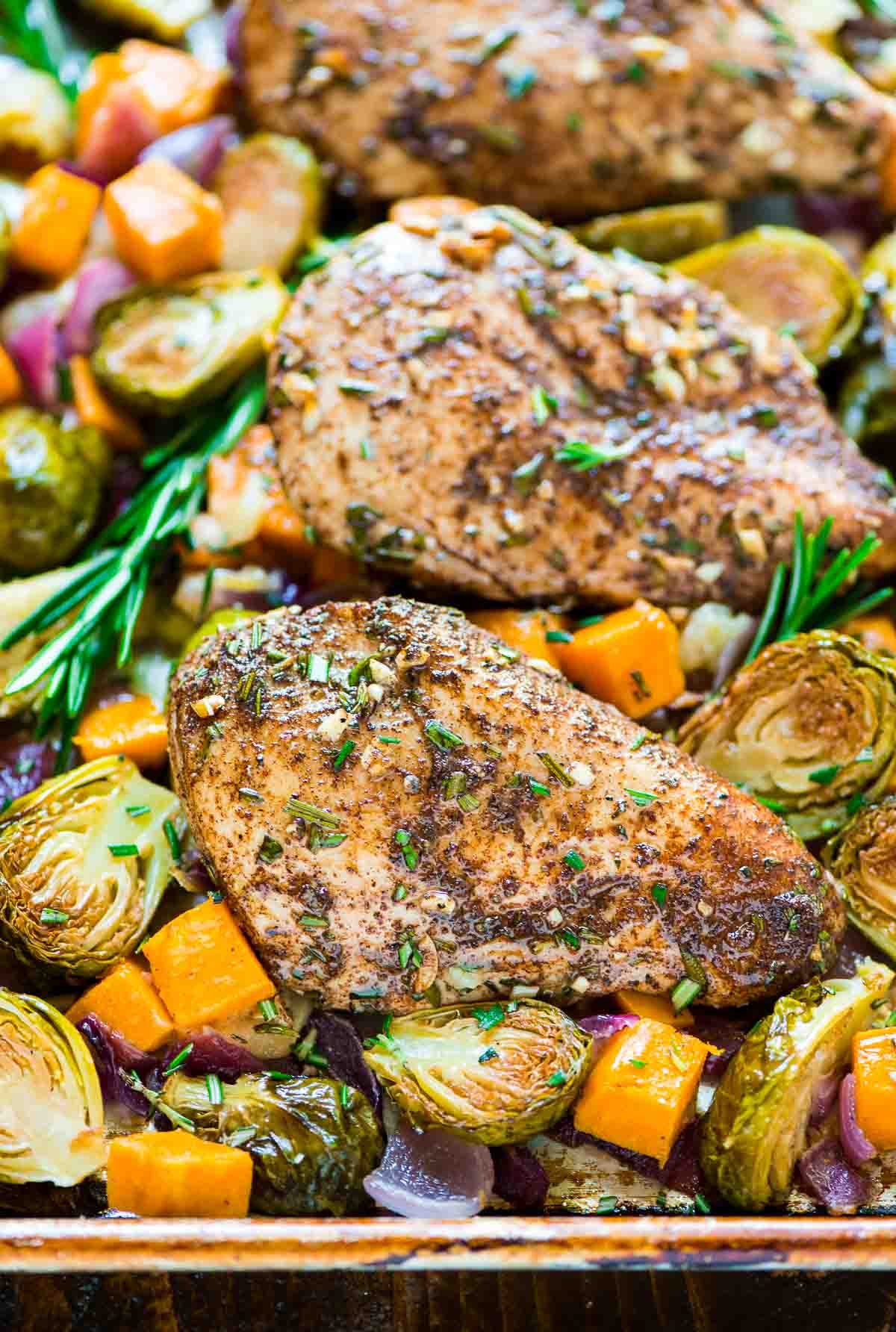 Sheet Pan Chicken with Sweet Potatoes, Apples and Brussels Sprouts