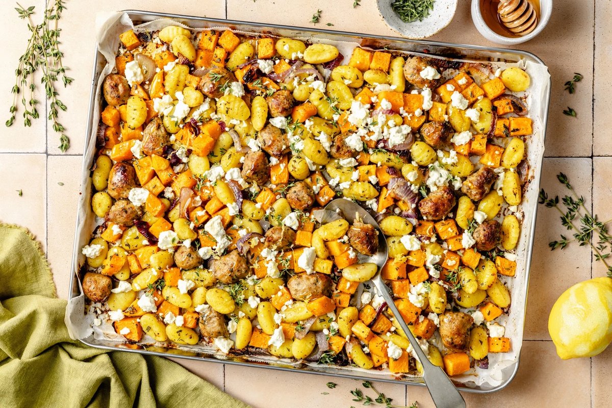 Sheet Pan Gnocchi with Spicy Sausage, Butternut Squash & Hot Honey