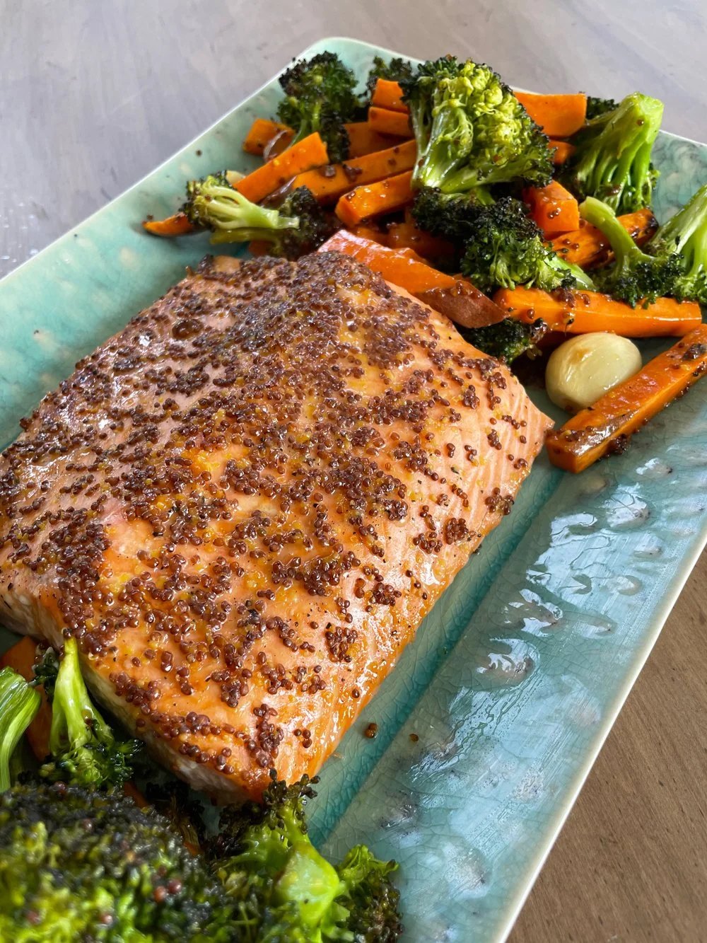 Sheet Pan Honey Mustard-Glazed Salmon with Broccoli & Sweet Potato