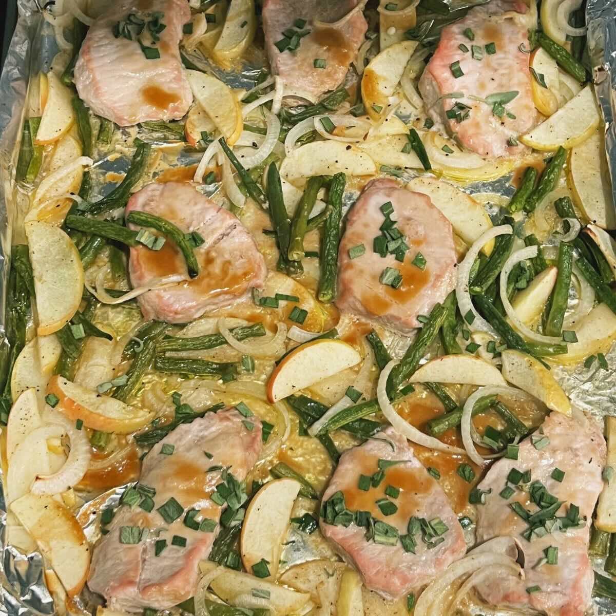 Sheet Pan Pork Chops w/ Apples, Green Beans, & Maple Dijon