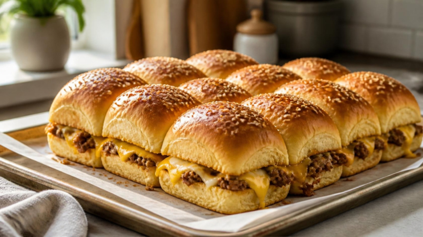 Pull-apart slider rolls filled with beef and melted cheese on a parchment-lined baking sheet