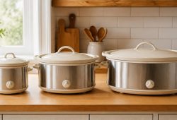 Three slow cookers of different sizes, small, medium and large, lined up on a kitchen counter