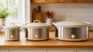 Three slow cookers of different sizes, small, medium and large, lined up on a kitchen counter