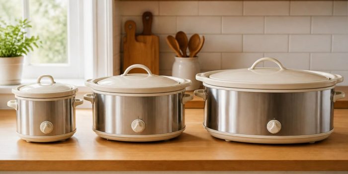 Three slow cookers of different sizes, small, medium and large, lined up on a kitchen counter