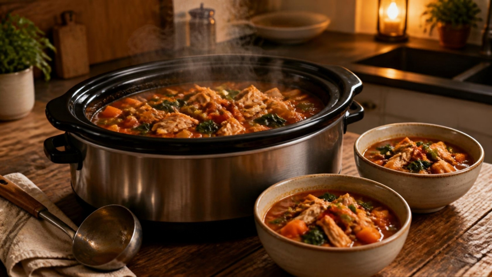 A medium slow cooker filled about two-thirds full with chicken and vegetable stew, with two bowls beside it