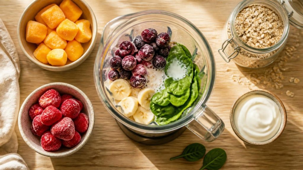 A blender jug with frozen berries, banana, spinach and milk, surrounded by bowls of frozen mango, strawberries, oats and yogurt