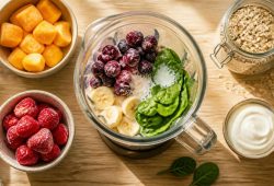 A blender jug with frozen berries, banana, spinach and milk, surrounded by bowls of frozen mango, strawberries, oats and yogurt