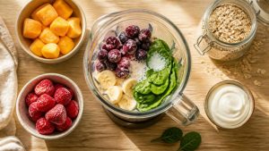 A blender jug with frozen berries, banana, spinach and milk, surrounded by bowls of frozen mango, strawberries, oats and yogurt