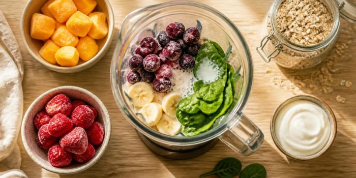 A blender jug with frozen berries, banana, spinach and milk, surrounded by bowls of frozen mango, strawberries, oats and yogurt