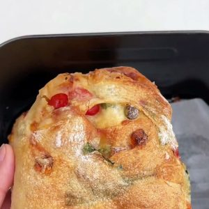 Golden air fryer ciabatta loaf filled with vegetables