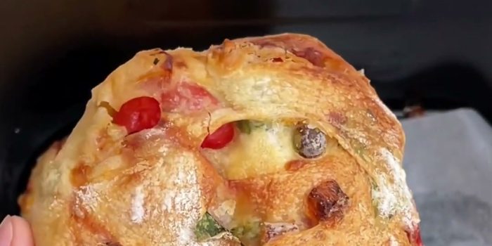 Golden air fryer ciabatta loaf filled with vegetables