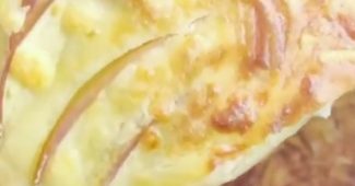Golden air fryer apple cake with thin apple slices and a cheese crust