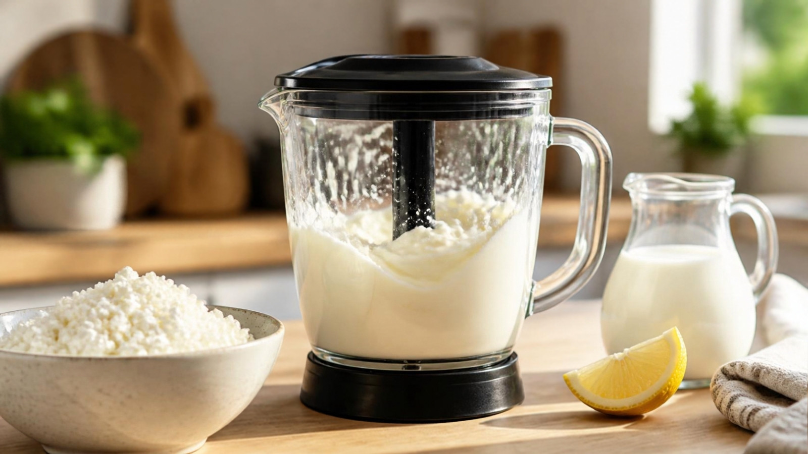 Cottage cheese being blended smooth with a splash of milk and lemon to replace sour cream