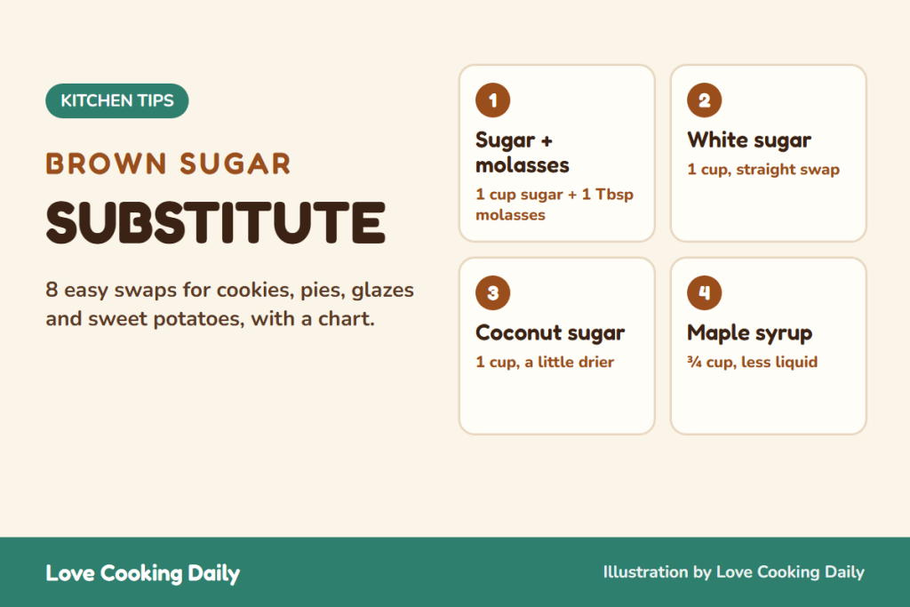Brown sugar substitute: sugar and molasses, white sugar, coconut sugar and maple syrup swaps