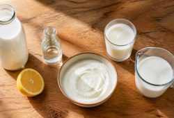 Milk, a halved lemon, white vinegar, plain yogurt, kefir and a measuring cup of milk on a wooden kitchen counter