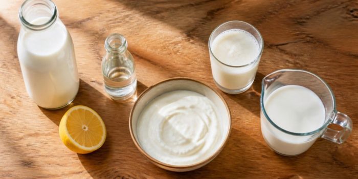 Milk, a halved lemon, white vinegar, plain yogurt, kefir and a measuring cup of milk on a wooden kitchen counter