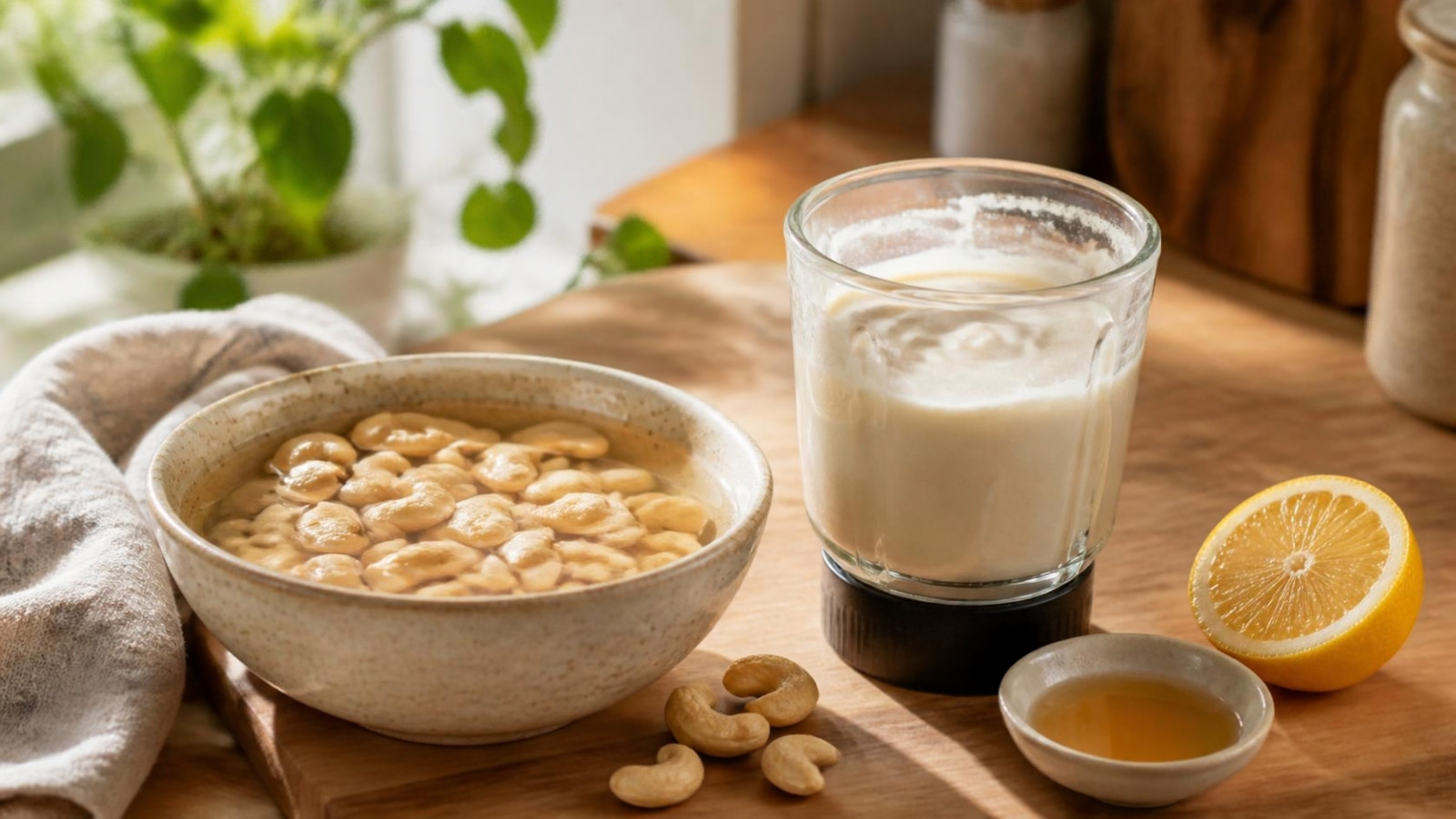 A bowl of soaked cashews beside a blender of smooth cashew cream, a halved lemon and a dish of vinegar