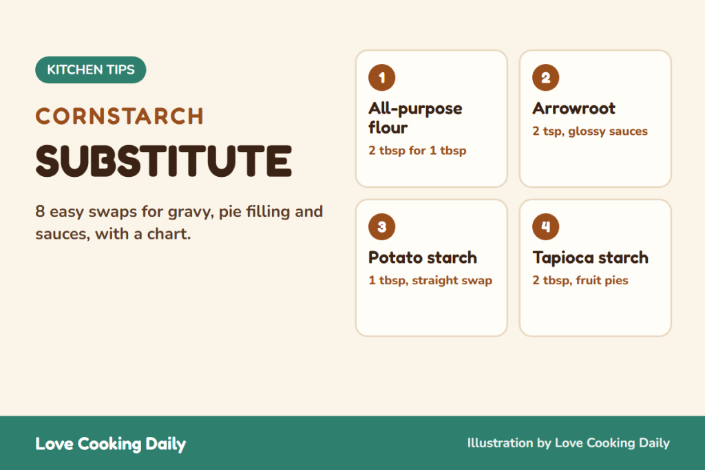 Cornstarch substitute: all-purpose flour, arrowroot, potato starch and tapioca starch swaps