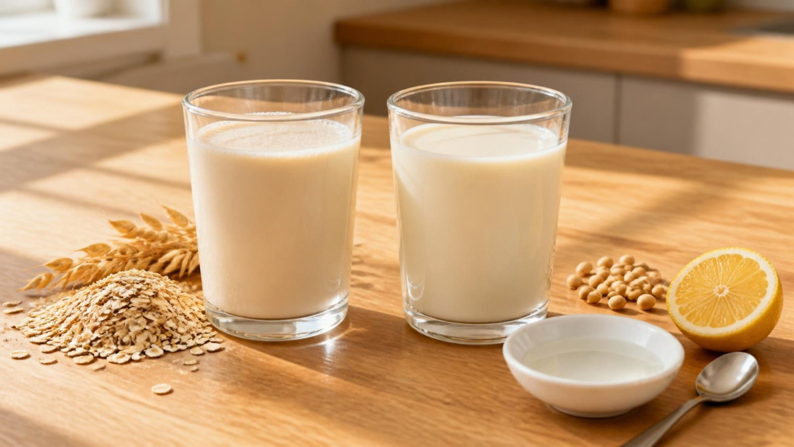 Glasses of soy milk and oat milk with a dish of vinegar and a halved lemon for a dairy-free buttermilk substitute