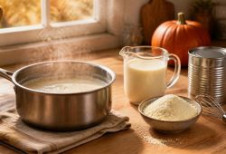 A saucepan of milk simmering down on a wooden counter beside a jug of milk, a bowl of milk powder, a can and a small pumpkin