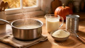 A saucepan of milk simmering down on a wooden counter beside a jug of milk, a bowl of milk powder, a can and a small pumpkin