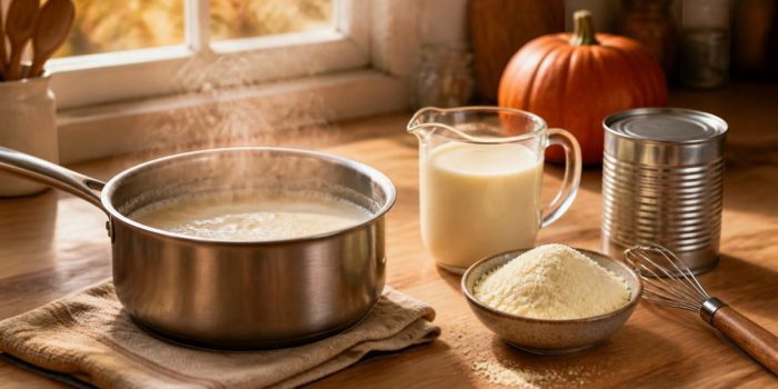 A saucepan of milk simmering down on a wooden counter beside a jug of milk, a bowl of milk powder, a can and a small pumpkin