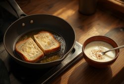 Slices of egg-soaked bread frying in a pan next to a bowl of beaten egg and milk with cinnamon