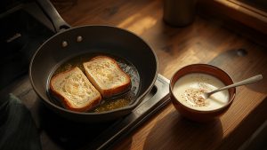 Slices of egg-soaked bread frying in a pan next to a bowl of beaten egg and milk with cinnamon