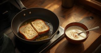 Slices of egg-soaked bread frying in a pan next to a bowl of beaten egg and milk with cinnamon