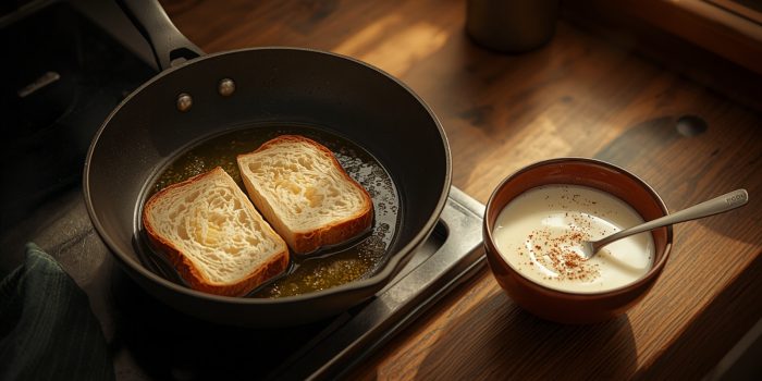 Slices of egg-soaked bread frying in a pan next to a bowl of beaten egg and milk with cinnamon