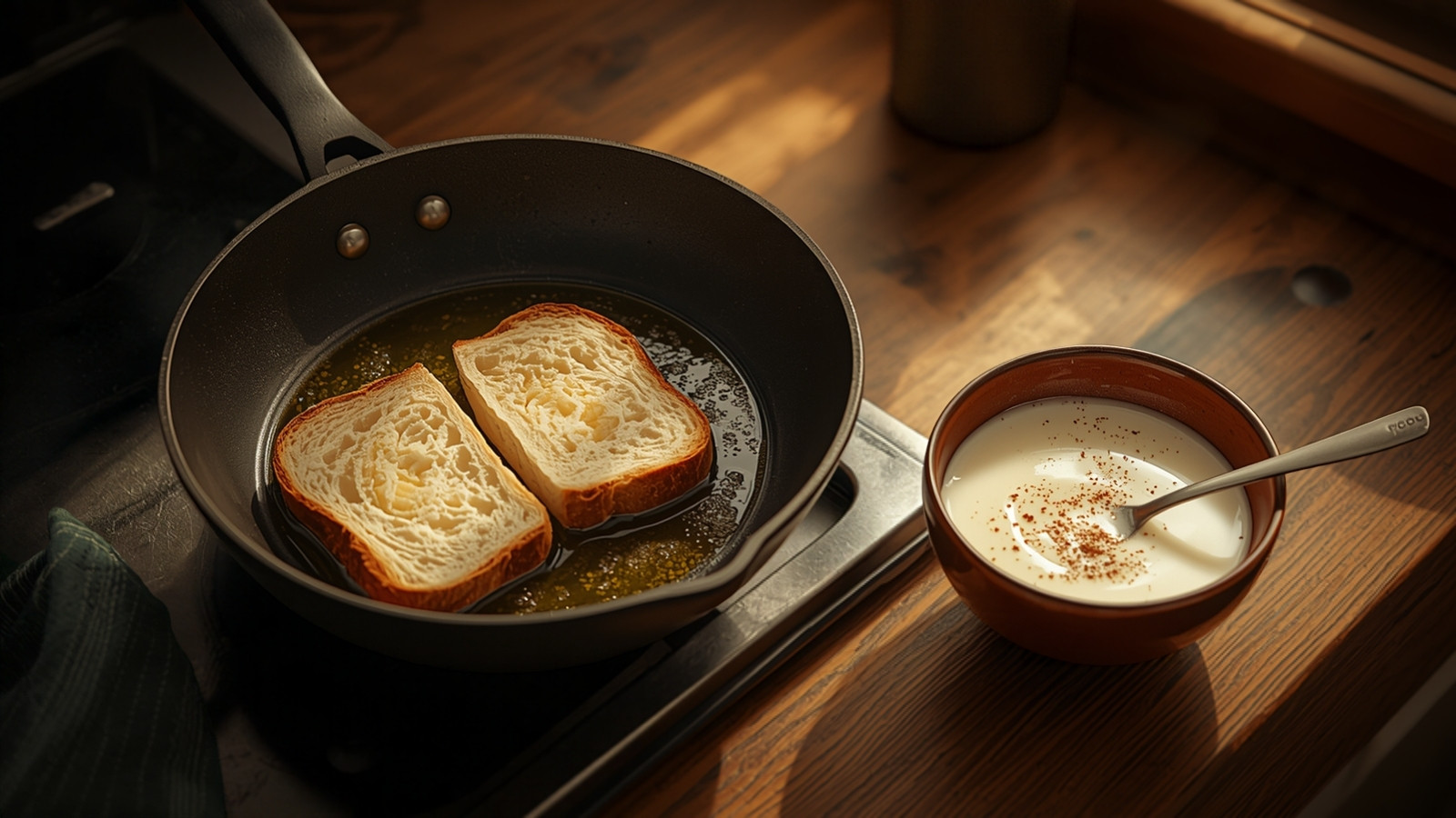 Slices of egg-soaked bread frying in a pan next to a bowl of beaten egg and milk with cinnamon