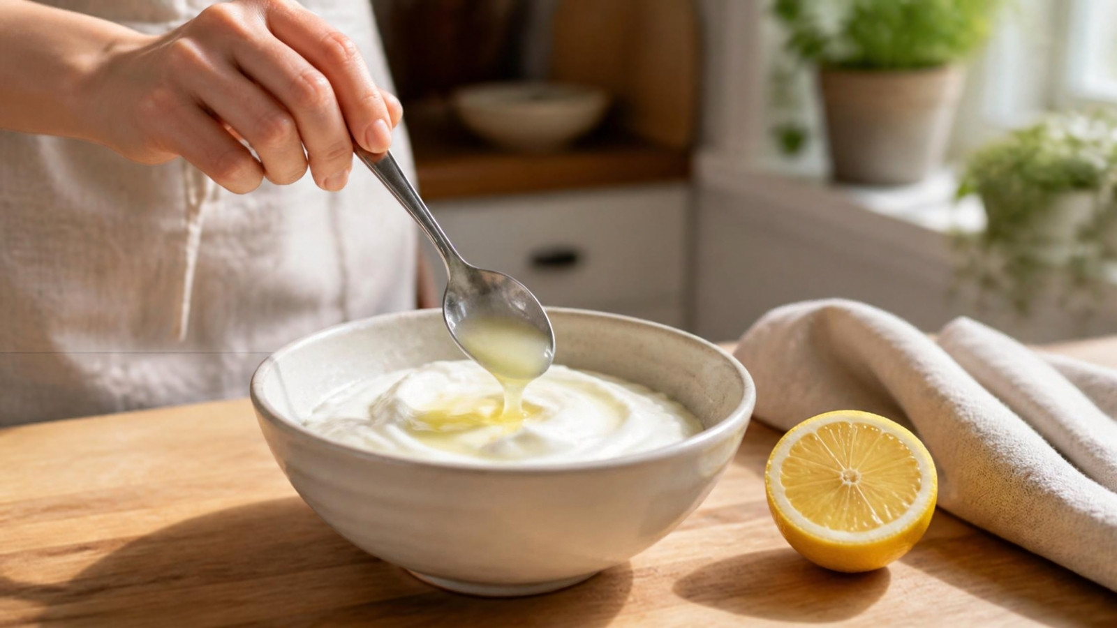 A spoon stirring a bowl of thick plain Greek yogurt, with a halved lemon and a tub of yogurt on the counter