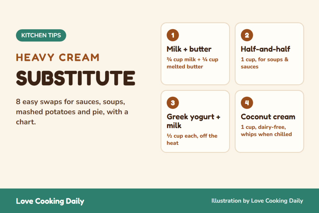 Heavy cream substitute: milk and butter, half-and-half, Greek yogurt and milk, and coconut cream
