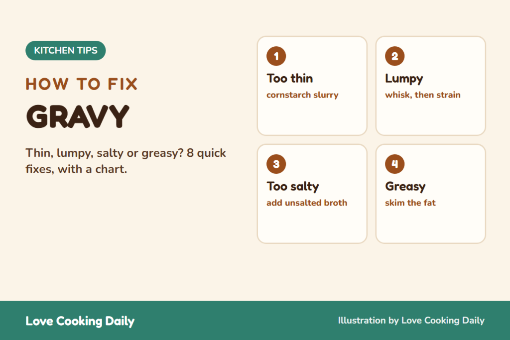 How to fix gravy: too thin, lumpy, too salty or greasy, quick fixes from Love Cooking Daily