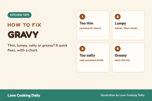 How to fix gravy: too thin, lumpy, too salty or greasy, quick fixes from Love Cooking Daily