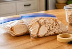 Sliced leftover turkey packed in zip-top freezer bags on a kitchen counter, with masking tape and a marker for labeling