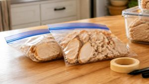 Sliced leftover turkey packed in zip-top freezer bags on a kitchen counter, with masking tape and a marker for labeling