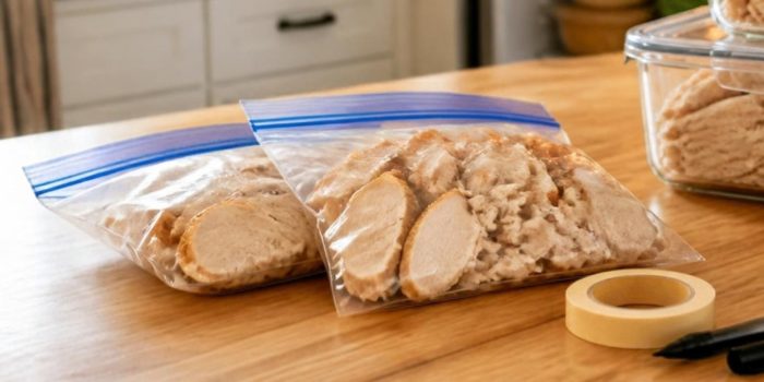 Sliced leftover turkey packed in zip-top freezer bags on a kitchen counter, with masking tape and a marker for labeling