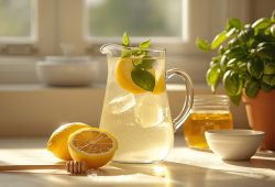 Glass jug of homemade lemonade with ice, lemon slices and basil next to halved lemons and a jar of honey