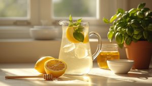 Glass jug of homemade lemonade with ice, lemon slices and basil next to halved lemons and a jar of honey
