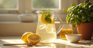 Glass jug of homemade lemonade with ice, lemon slices and basil next to halved lemons and a jar of honey