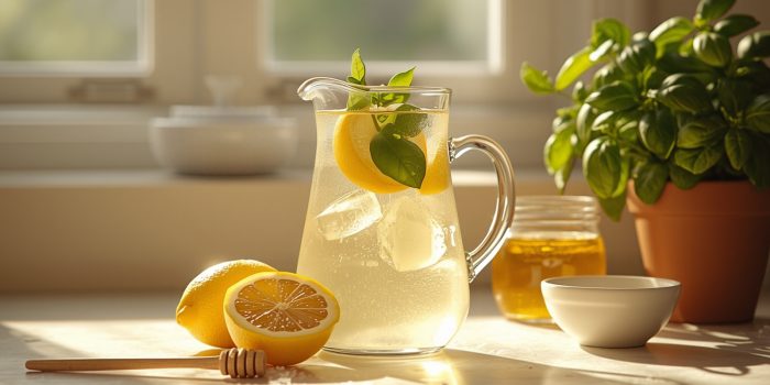 Glass jug of homemade lemonade with ice, lemon slices and basil next to halved lemons and a jar of honey
