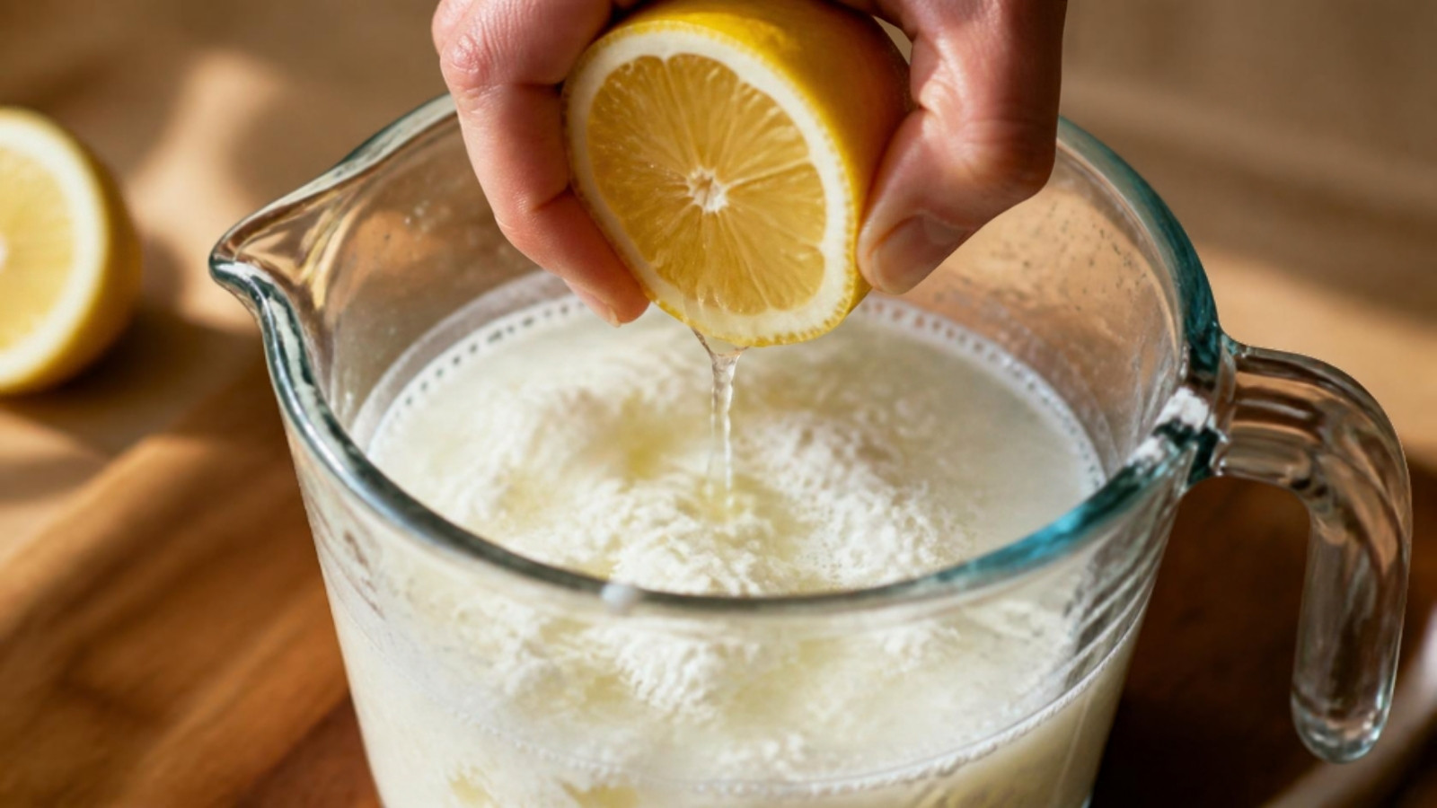 Lemon juice squeezed into a glass measuring cup of milk to make a buttermilk substitute