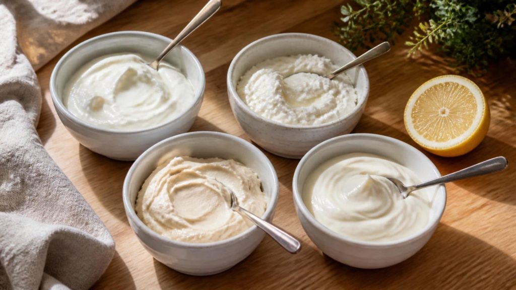 Four small bowls of sour cream substitutes on a wooden counter: Greek yogurt, blended cottage cheese, cashew cream and crème fraîche