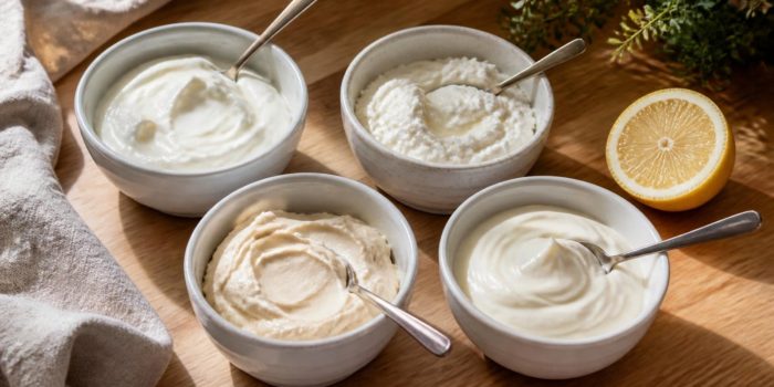 Four small bowls of sour cream substitutes on a wooden counter: Greek yogurt, blended cottage cheese, cashew cream and crème fraîche